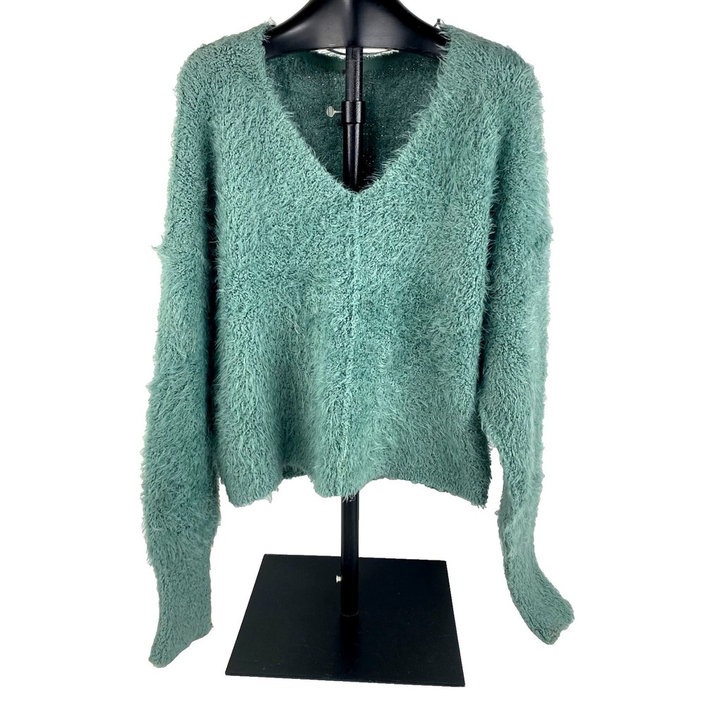 Free People Icing Pullover Sweater  Women's S Teal Fuzzy Slouchy Boho Pullover